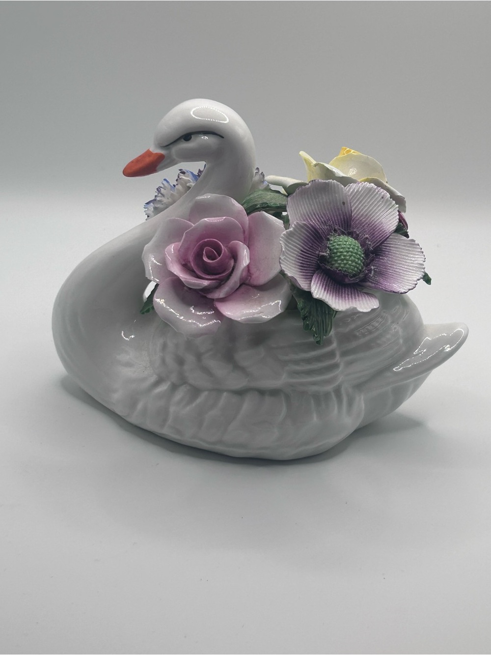 Vintage Radnor Bone China Swan Figurine with Flowers | HandPainted Staffordshire